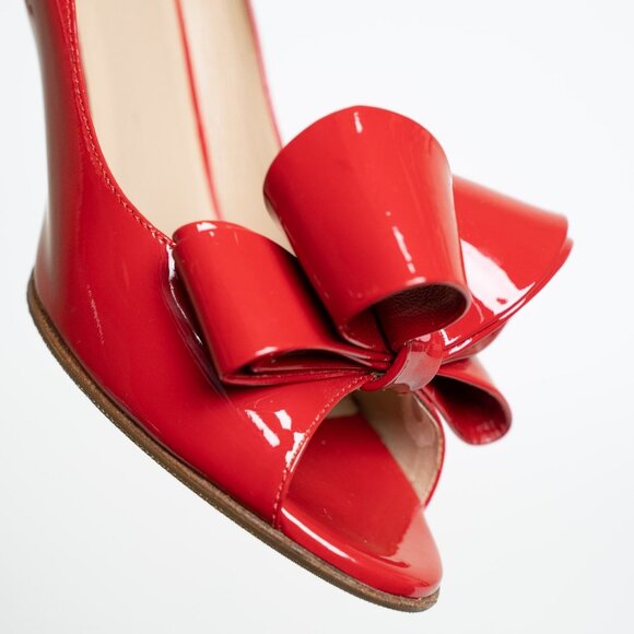 Valentino Garavani Couture Patent Leather Pumps Bow Peep Toe Kitten Heel EU 37.5 - Picture 5 of 14